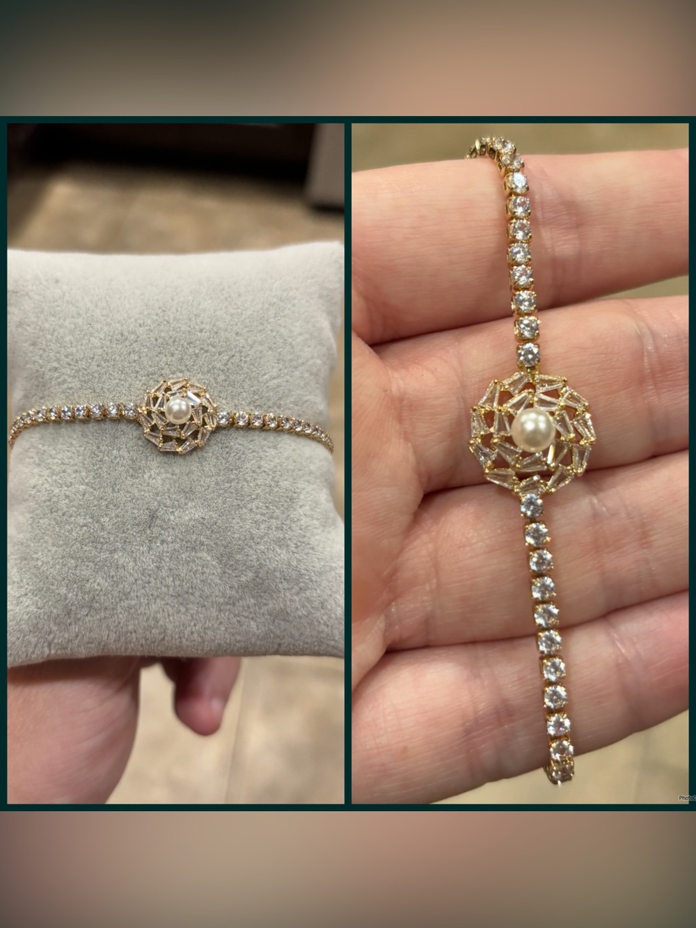 New Gold Pearl & Clear Crystal Filigree Bracelet